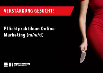 Stellenanzeige Krimidinner Praktikum Online Marketing mit engesser marketing logo und Frau mit Messer