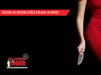 Frau mit rotem Kleid und Messer neben dem Logo von Das Kriminal Dinner