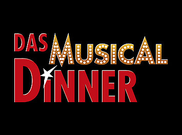 Logo des Theaterstückes Das Musical Dinner, mit dem Schriftzug Das Musical Dinner. Wobei Das und Dinner in roter Schrift zu sehen sind und Musical in goldener Farbe, mit weißen Punkten verziert ist.