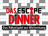 Logo "Das Escape Dinner - Das Rätselspiel zur Weltrettung" mit einem Kreuzworträtsel im Hintergrund