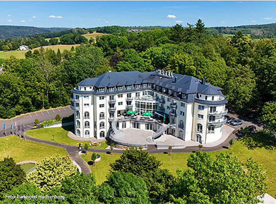 schöne Luftaufnahme des Parkhotels bei blauem Himmel