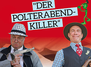 Mann mit Waffe steht neben Mann mit Horn - Titelbild Krimidinner "Der Polterabend-Killer"