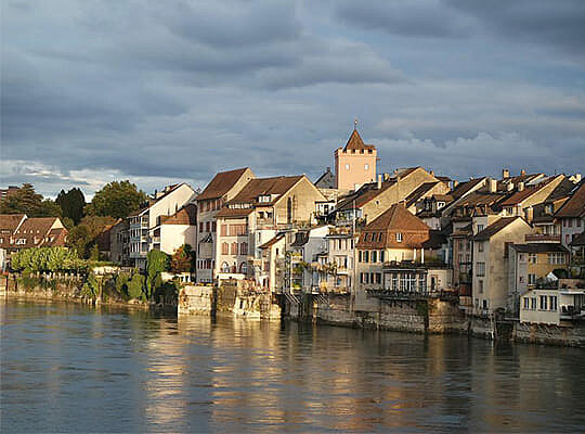 Krimidinner Rheinfelden Blick vom Rhein auf die Stadt Rheinfelden