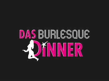 Das Burlesque Dinner Logo auf schwarzem Hintergrund. Das Logo selbst besteht aus einer Frauen-Silhouette mit Pistole in der Hand und dem Schriftzug Das Burlesque Dinner in Rosa und weiß.