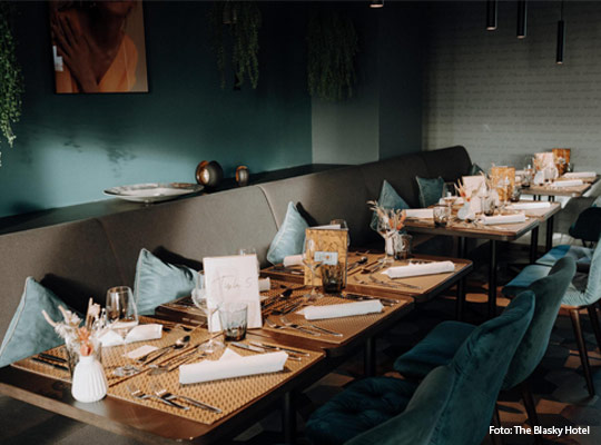 moderner Gastraum mit Samtstühlen und gedeckter Beleuchtung