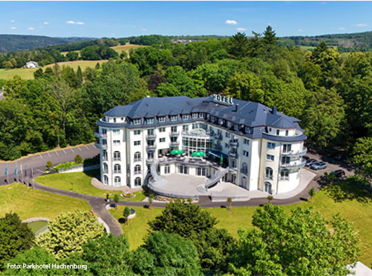 schöne Luftaufnahme des Parkhotels bei blauem Himmel