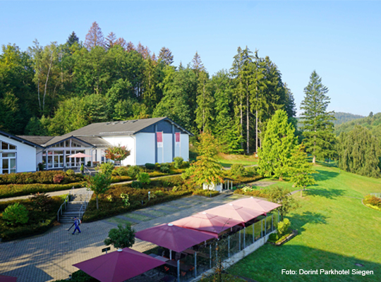 Parkanlage des Hotels bei strahlend blauem Himmel