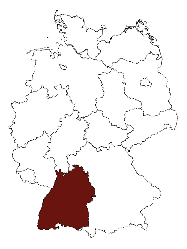 Eine rote Färbung des Bundeslandes Baden- Württembergs zeigt seine Lage auf 