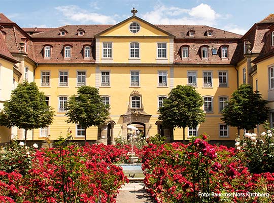 Außenansicht des Schlosses, mit langen Weg zwischen einem Blumenfeld hindurch