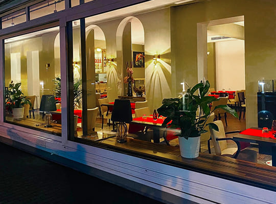 Ansicht des gemütlichen Innenraumes mit dekorativen Pflanzen und angenehmer Beleuchtung des Singh Restaurants 