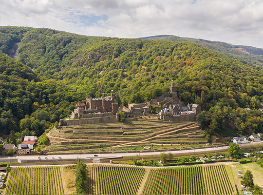 Frontansicht der schönen Burg Reichenstein aus der Luft