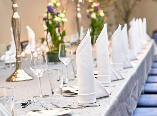 Weiße Tischdecken dekoriert mit Pflanzen und stilvoller Serviettenkunst