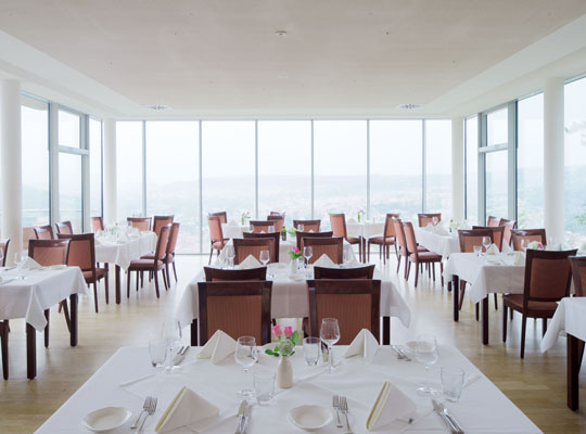 Gedeckte Tische mit weißen Tischdecken und rosa Rosen, atemberaubender Ausblick aus Panoramafenster