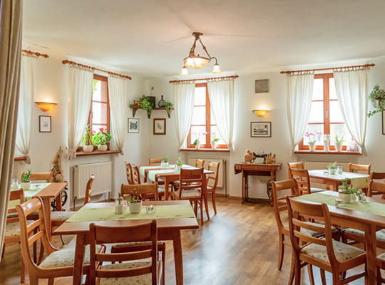 Liebevoll dekorierter Restaurant-Bereich mit vielen Sitzmöglichkeiten und Blumen.