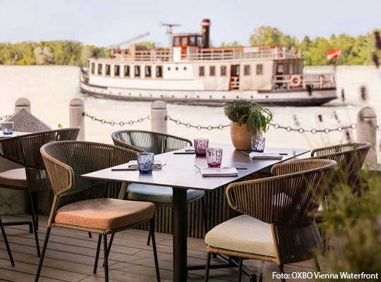 Außenansicht des OXBO Vienna Waterfront mit Blick auf die Donau