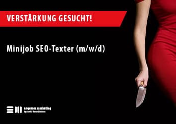 Stellenanzeige Minijob SEO-Texter mit engesser marketing logo und Frau mit Messer