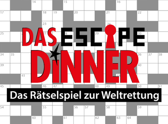 Logo "Das Escape Dinner - Das Rätselspiel zur Weltrettung" mit einem Kreuzworträtsel im Hintergrund