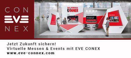 Banner der Firma EVE CONNEX, roter Hintergrund, Krimidinnerstand